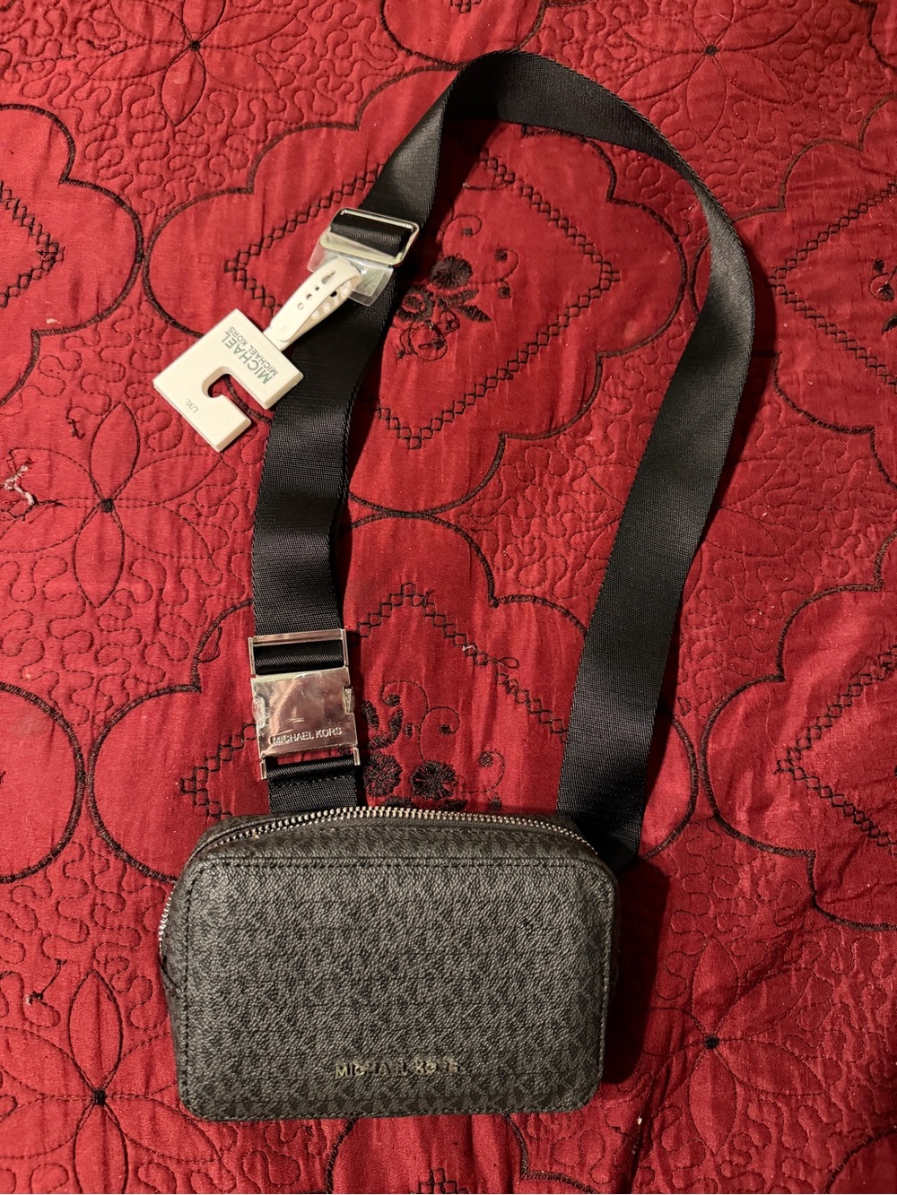 Michael Kors Men's Gray Logo Crossbody Belt Bag with Black Strap